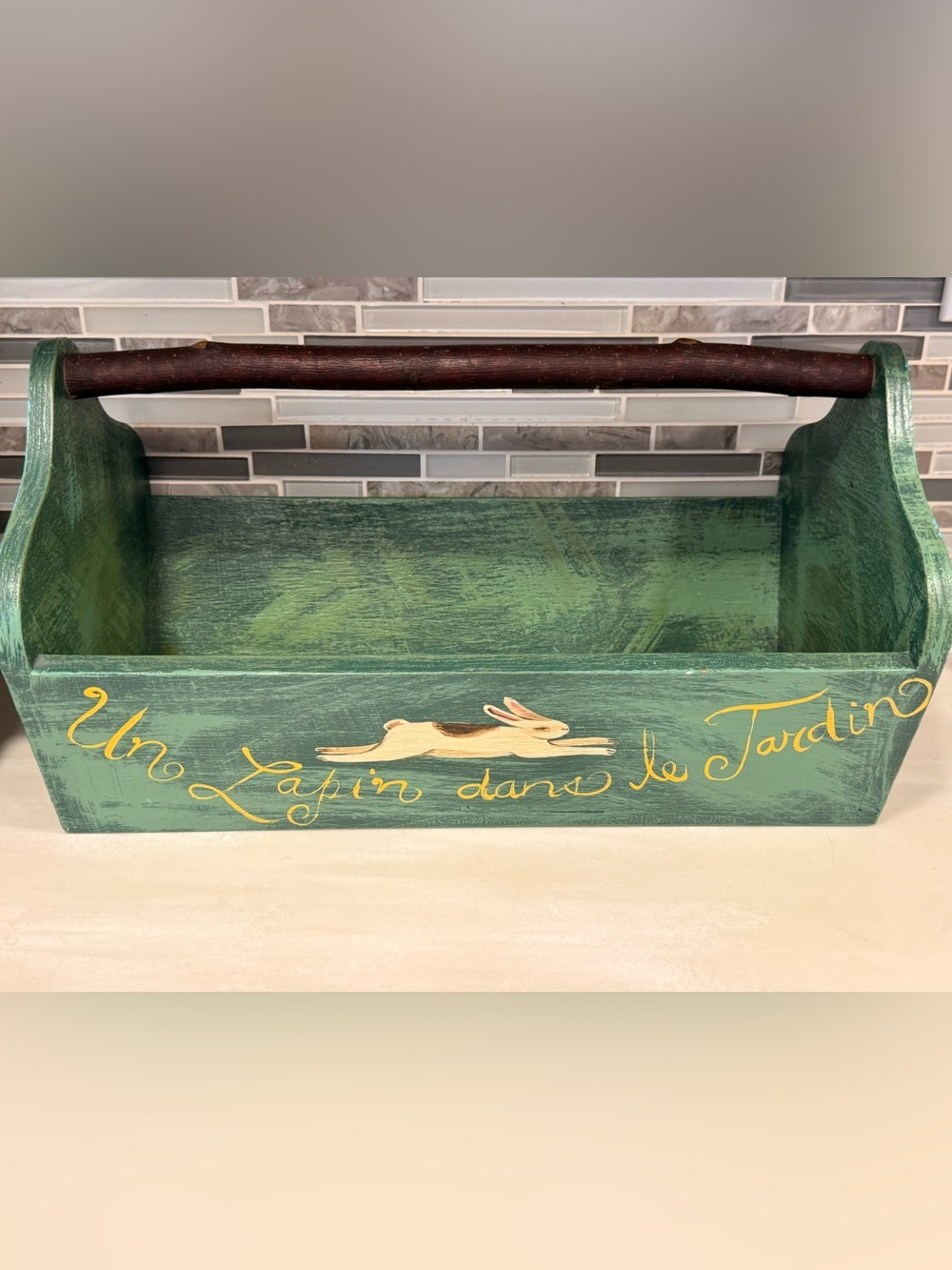 Vintage 1996 Hand-Painted Folk Art Wood Basket Caddy Rabbit Garden Signed